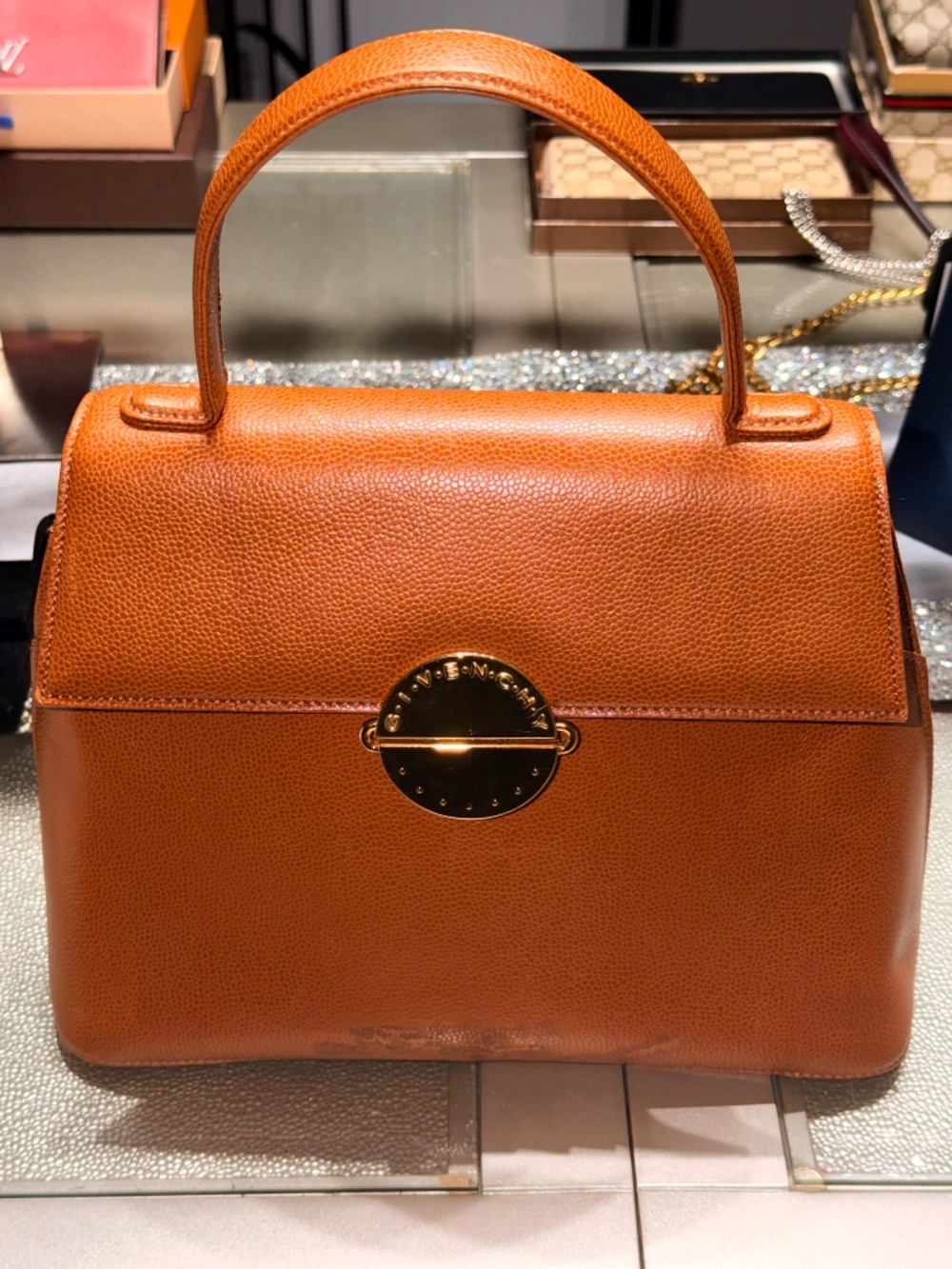 Vintage Givenchy Cognac Brown Leather Gold Hardware Top Handle Bag
